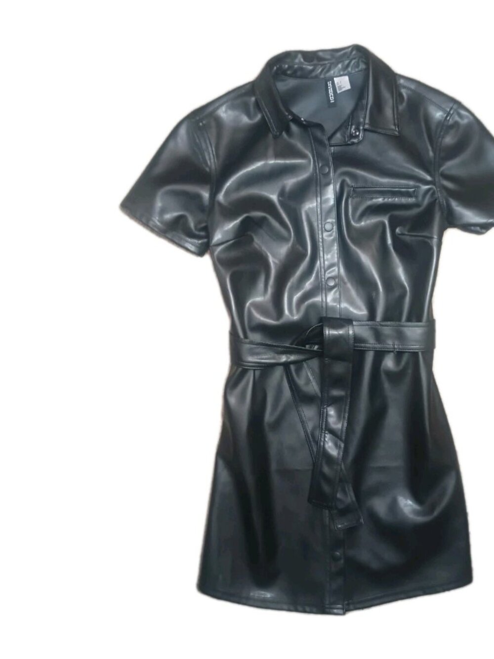 H&M Faux Leather Oversize Shirt Dress with Belt Divided Black Size Small Women's